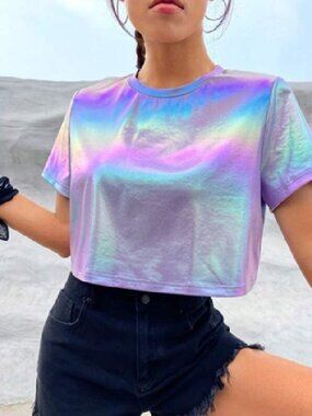 Y2K Holographic Crop Top Size L Iridescent Metallic Festival